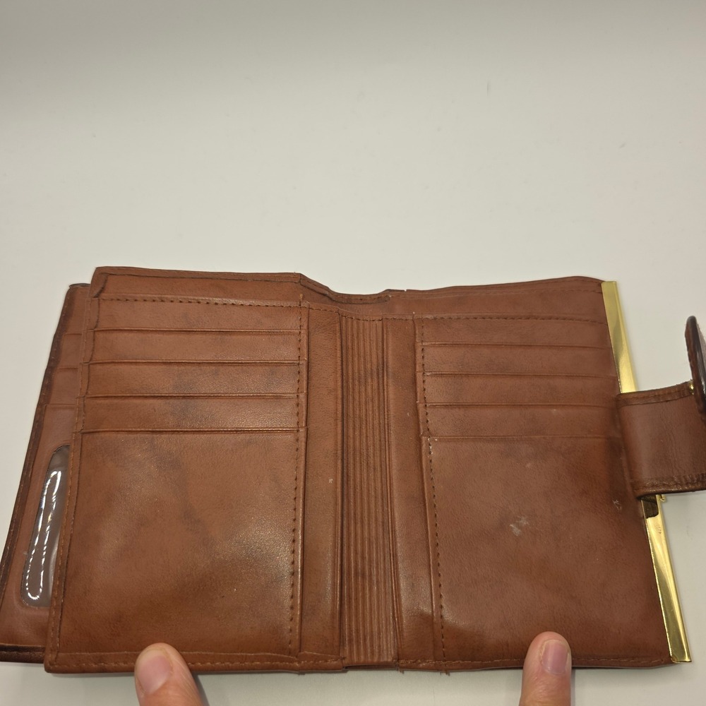 Buxton Vintage Brown Top Grain Cowhide Leather Trifold Kiss Lock Wallet Logo - Picture 3 of 6